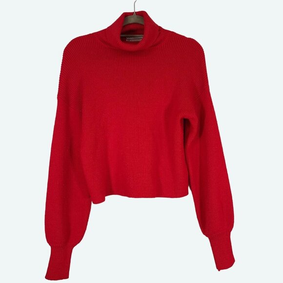 Urban Outfitters "Tia" Red Ribbed Cropped Turtleneck Balloon Sleeve Sweater Med - Picture 2 of 8